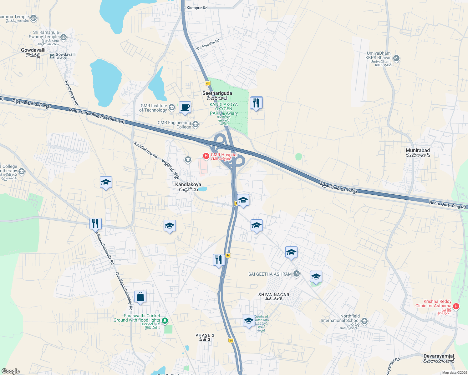 map of restaurants, bars, coffee shops, grocery stores, and more near Medchal Road in Secunderabad