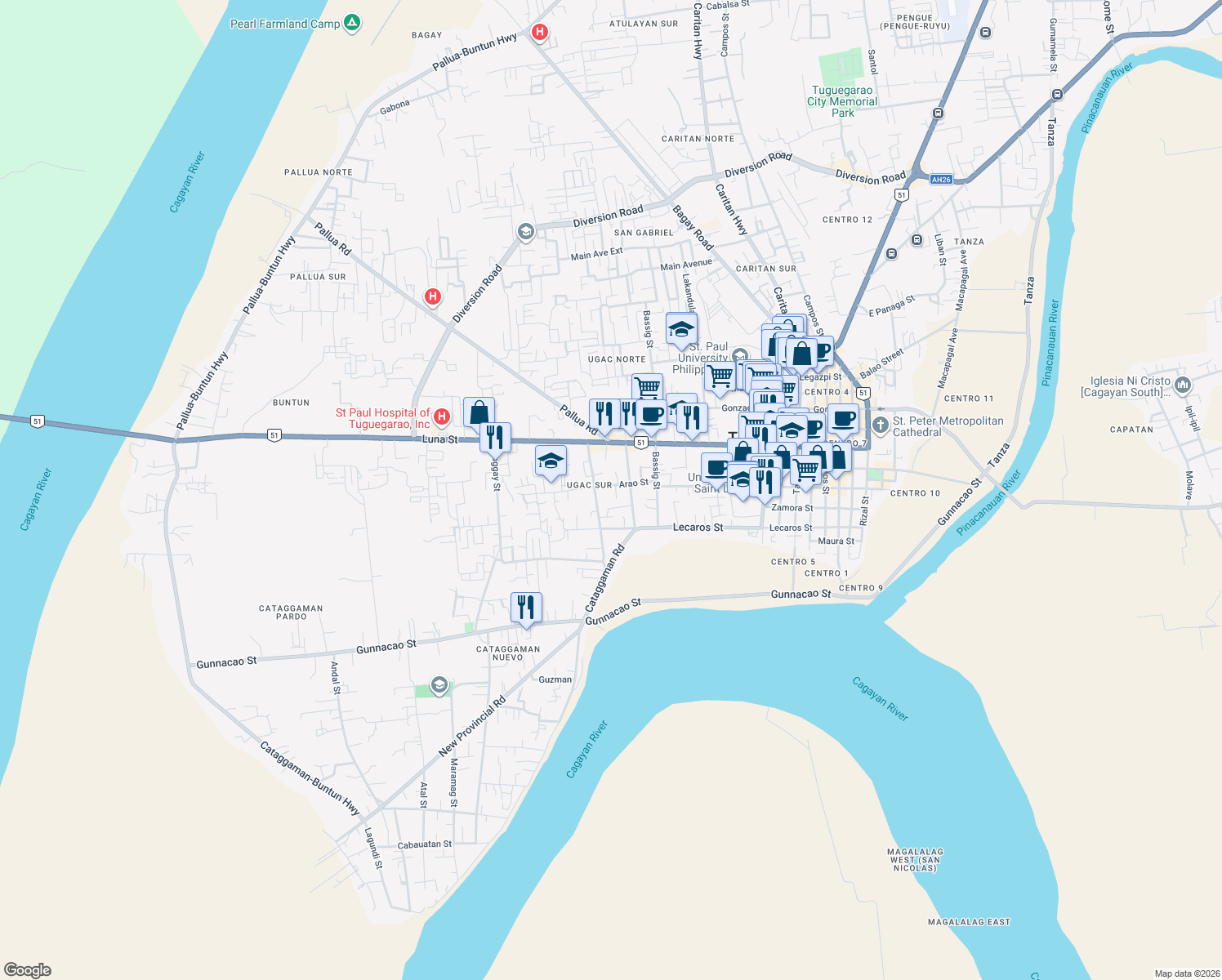 map of restaurants, bars, coffee shops, grocery stores, and more near 43 Arao Street in Tuguegarao City