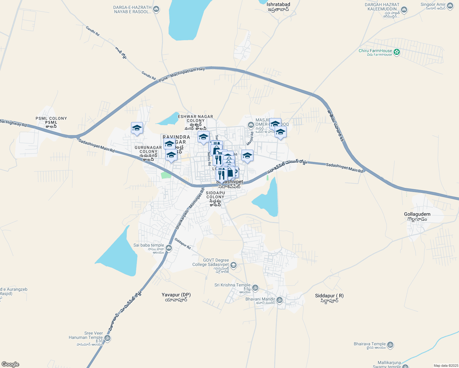 map of restaurants, bars, coffee shops, grocery stores, and more near in Sadashivpet