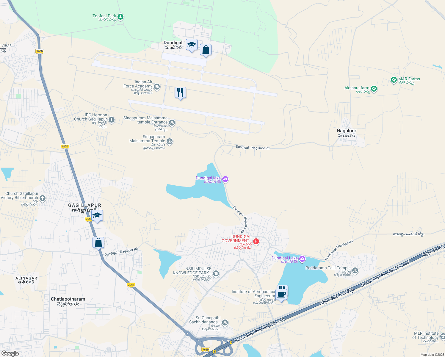map of restaurants, bars, coffee shops, grocery stores, and more near in Dundigal