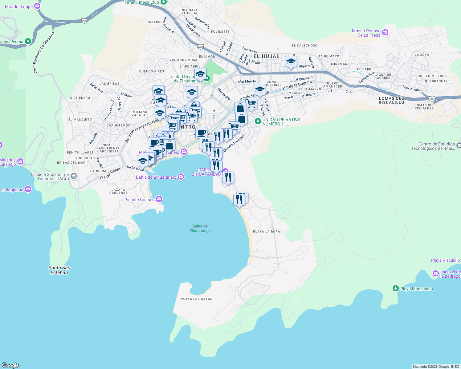map of restaurants, bars, coffee shops, grocery stores, and more near 21 Escénica La Ropa in Zihuatanejo