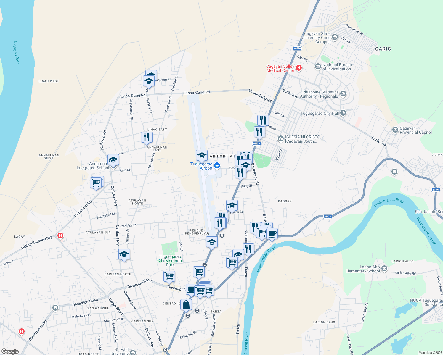 map of restaurants, bars, coffee shops, grocery stores, and more near Badaje Street in Tuguegarao City