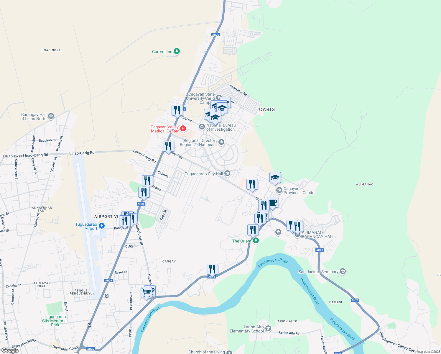 map of restaurants, bars, coffee shops, grocery stores, and more near Enrile Avenue in Tuguegarao City