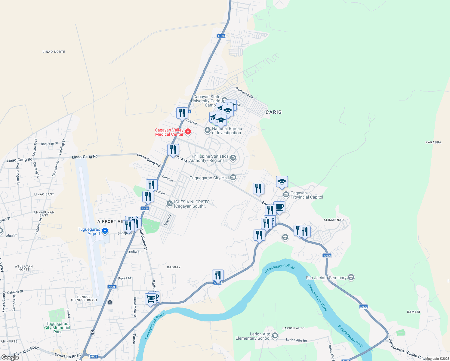 map of restaurants, bars, coffee shops, grocery stores, and more near Enrile Avenue in Tuguegarao City