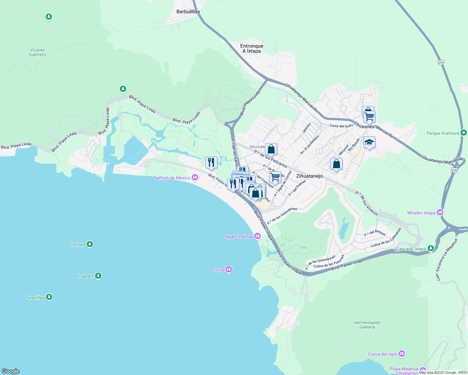 map of restaurants, bars, coffee shops, grocery stores, and more near Paseo del Palmar in Ixtapa Zihuatanejo