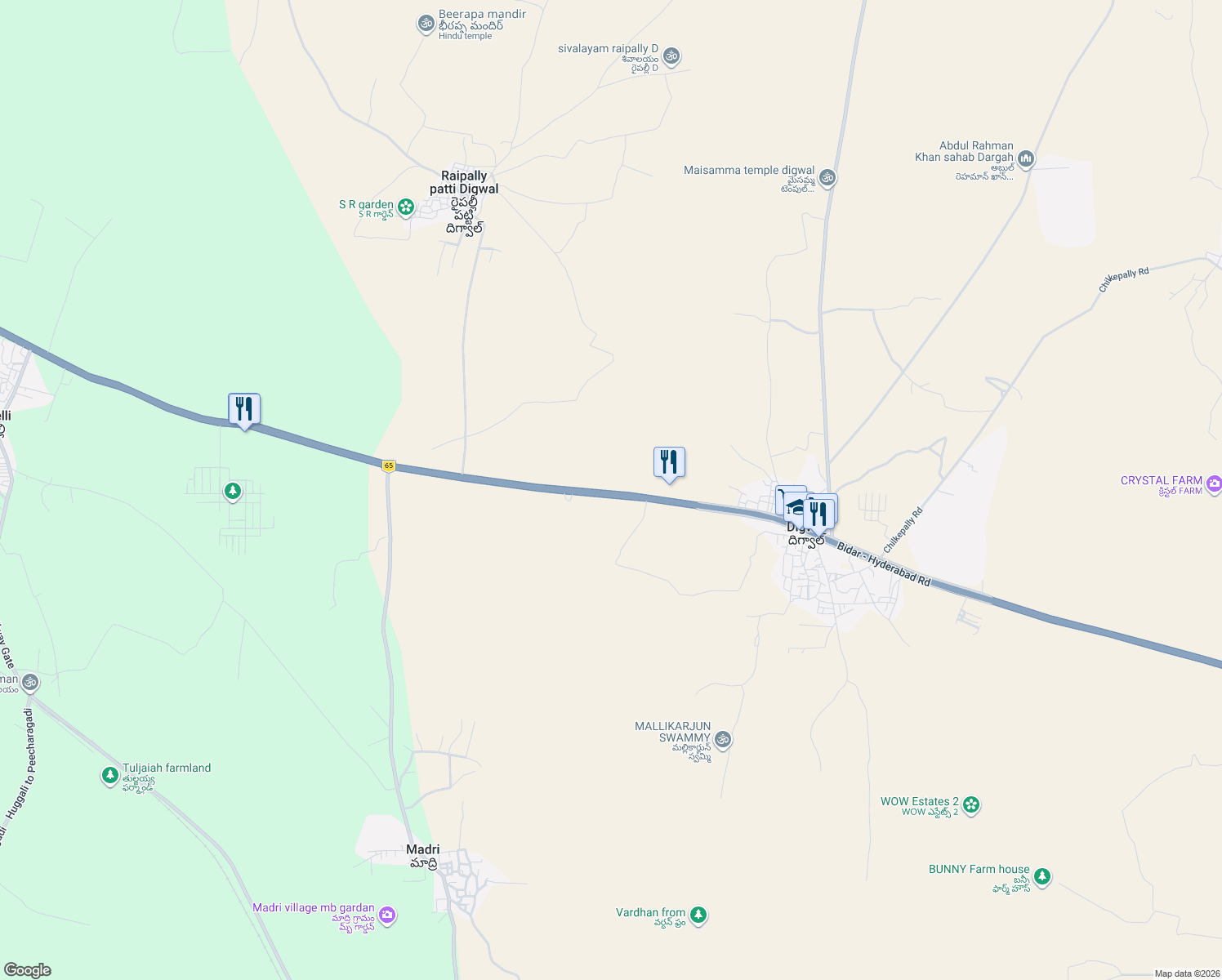 map of restaurants, bars, coffee shops, grocery stores, and more near Pune - Machilipatnam Highway in Digwal