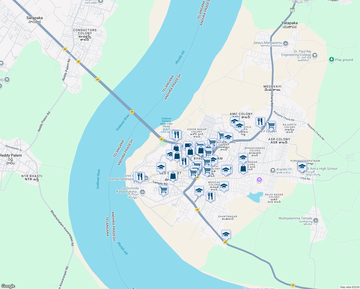 map of restaurants, bars, coffee shops, grocery stores, and more near Kothagudem-Bhadrachalam Road in Bhadrachalam