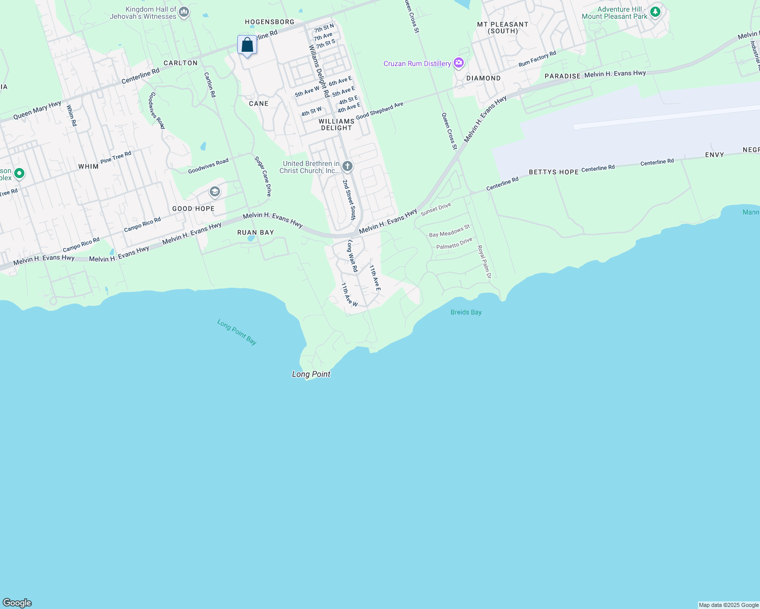 map of restaurants, bars, coffee shops, grocery stores, and more near 63 Route 665 in Frederiksted