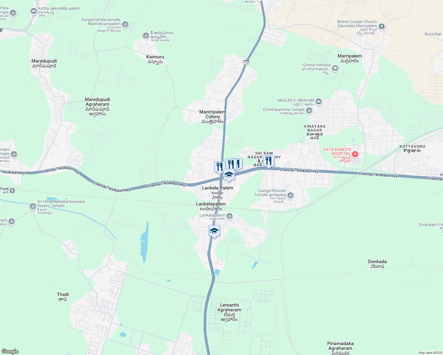 map of restaurants, bars, coffee shops, grocery stores, and more near Asian Highway 45 in Lankela Palem