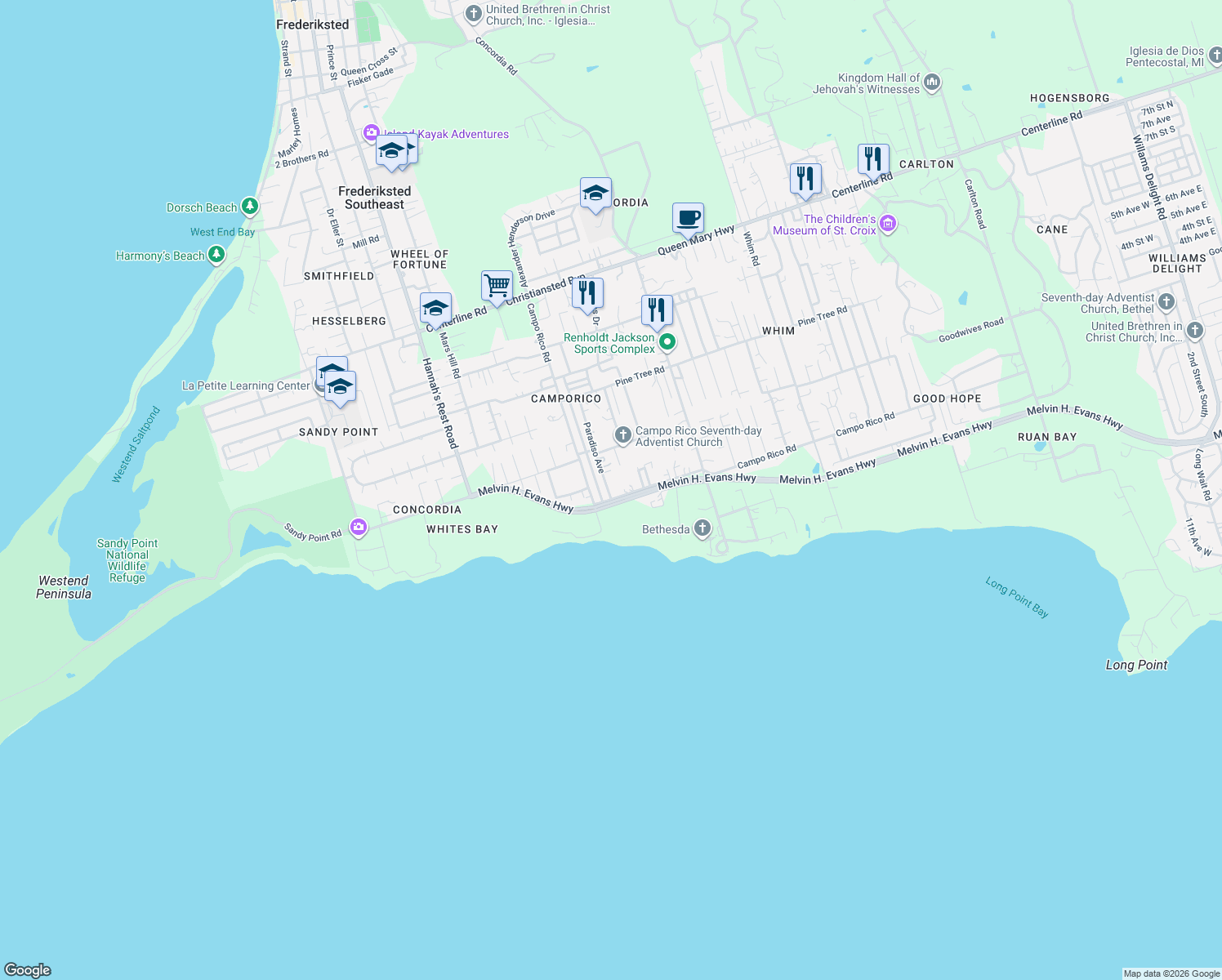 map of restaurants, bars, coffee shops, grocery stores, and more near 336 Paradiso Avenue in Frederiksted