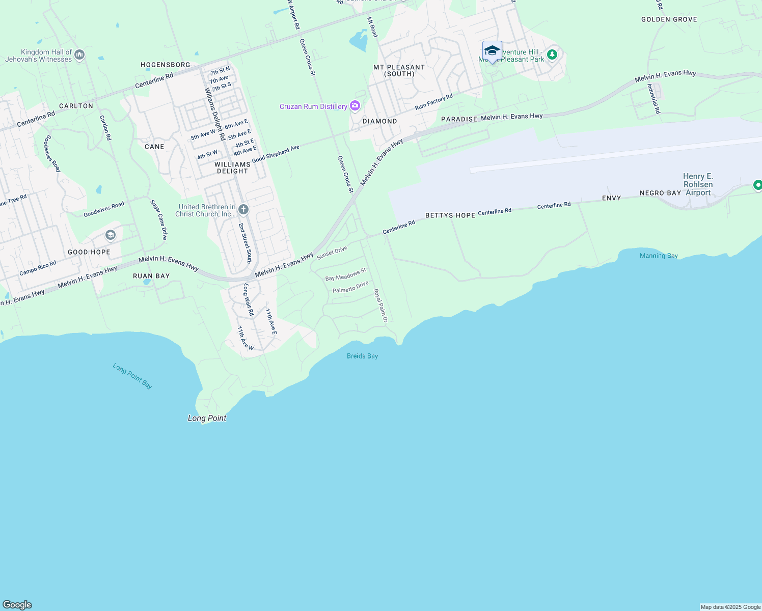 map of restaurants, bars, coffee shops, grocery stores, and more near 35 Royal Palm Drive in Frederiksted
