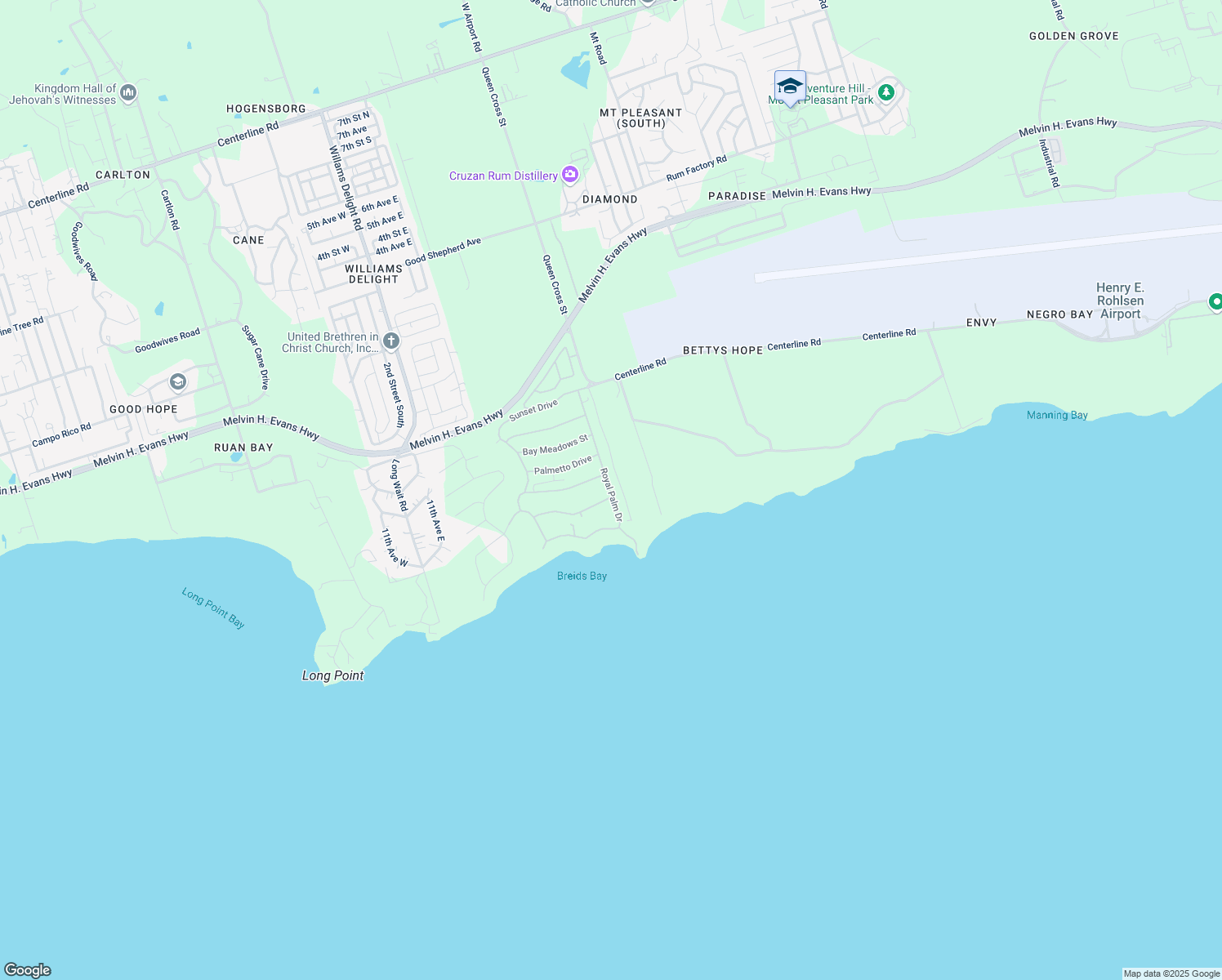map of restaurants, bars, coffee shops, grocery stores, and more near 35 Royal Palm Drive in Frederiksted