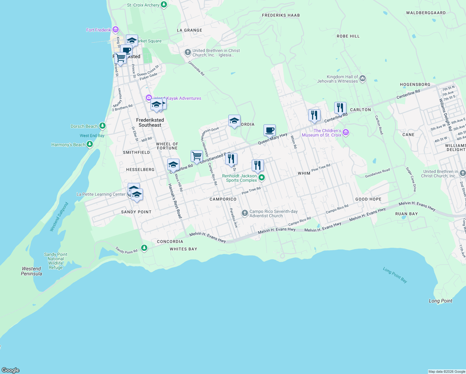 map of restaurants, bars, coffee shops, grocery stores, and more near Campo Rico Street in Frederiksted