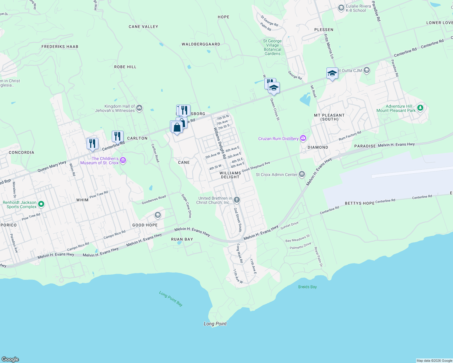 map of restaurants, bars, coffee shops, grocery stores, and more near 821 Good Shepherd Avenue in Frederiksted