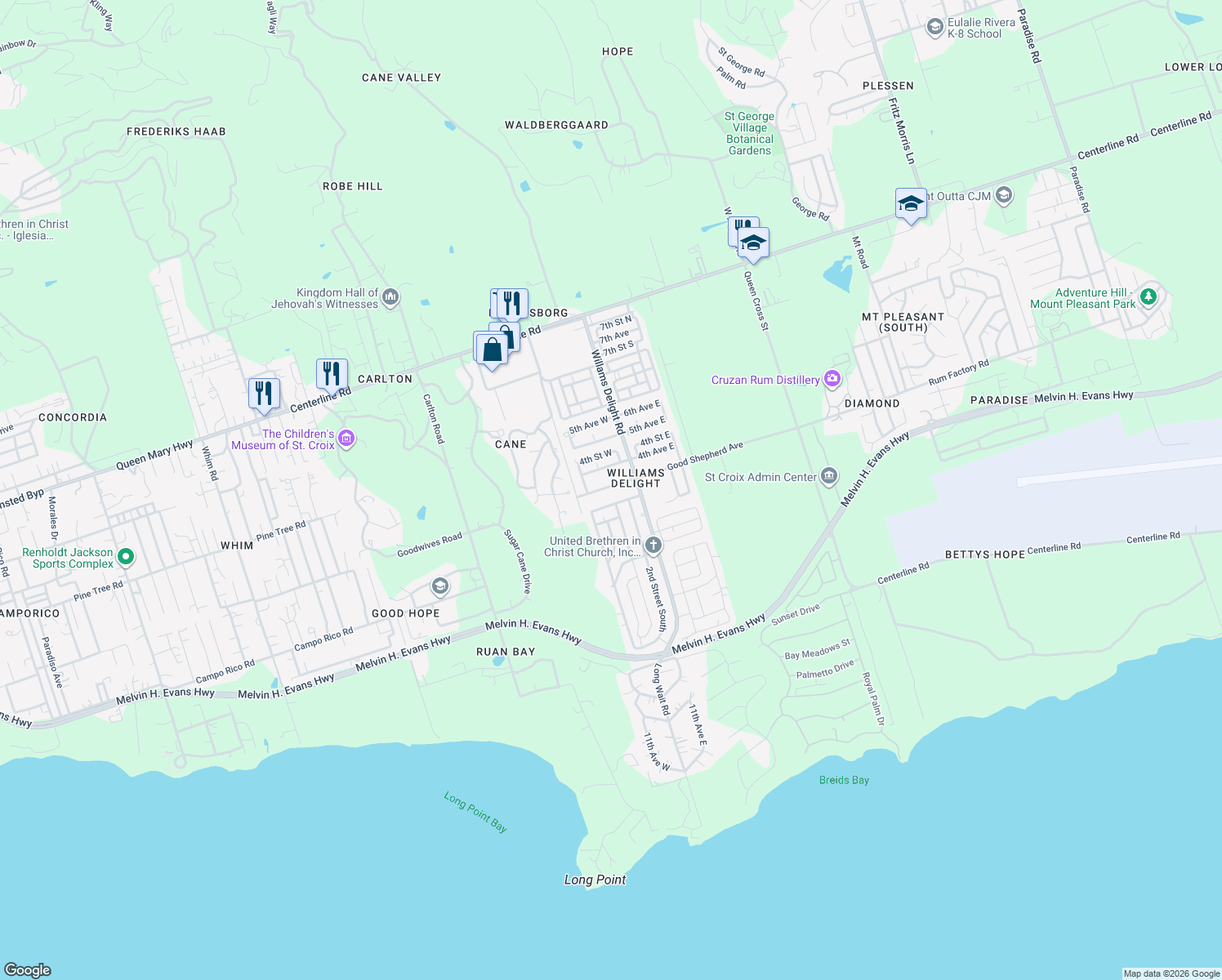 map of restaurants, bars, coffee shops, grocery stores, and more near 821 Good Shepherd Avenue in Frederiksted