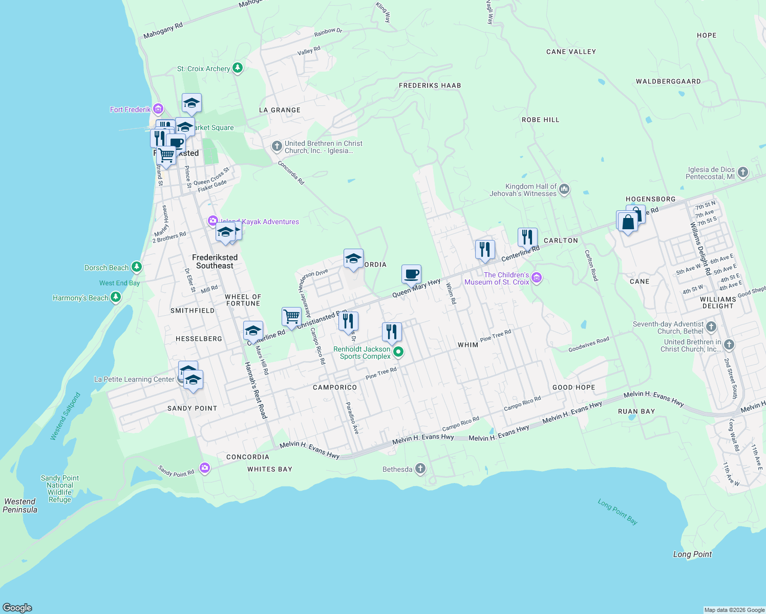 map of restaurants, bars, coffee shops, grocery stores, and more near 4951 Concordia Road in Frederiksted