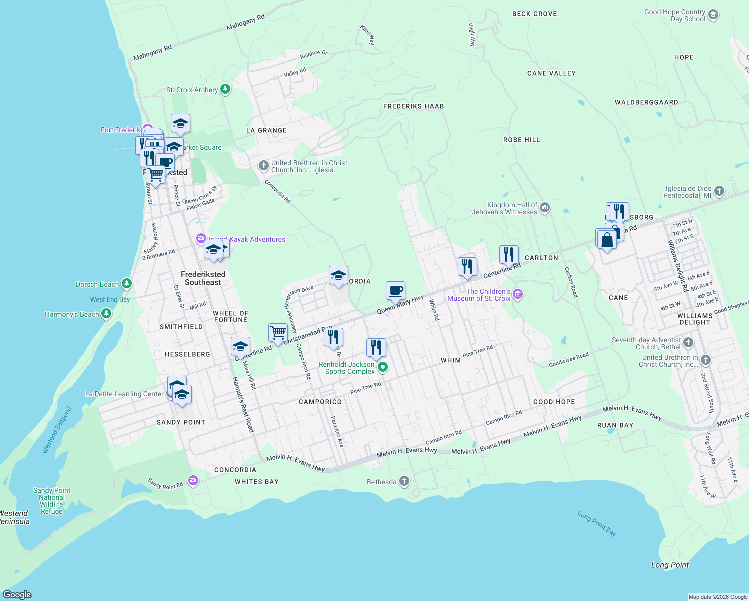 map of restaurants, bars, coffee shops, grocery stores, and more near 4951 Concordia Road in Frederiksted