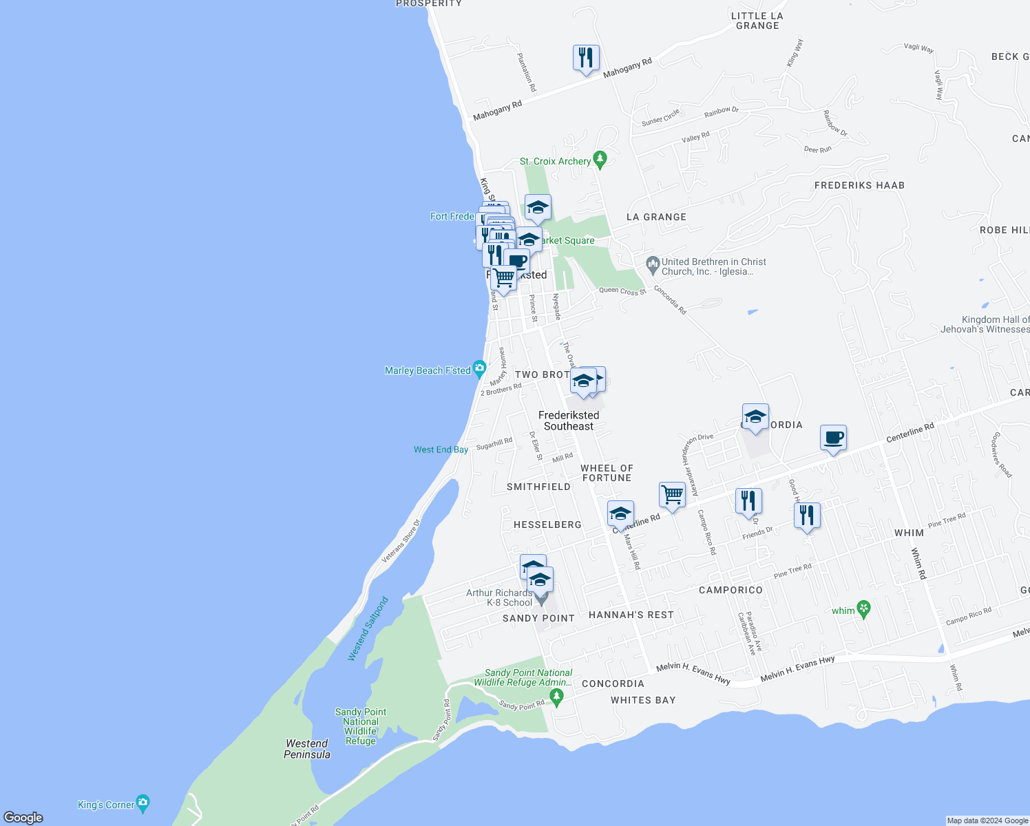 map of restaurants, bars, coffee shops, grocery stores, and more near 2 Brothers Road in Frederiksted
