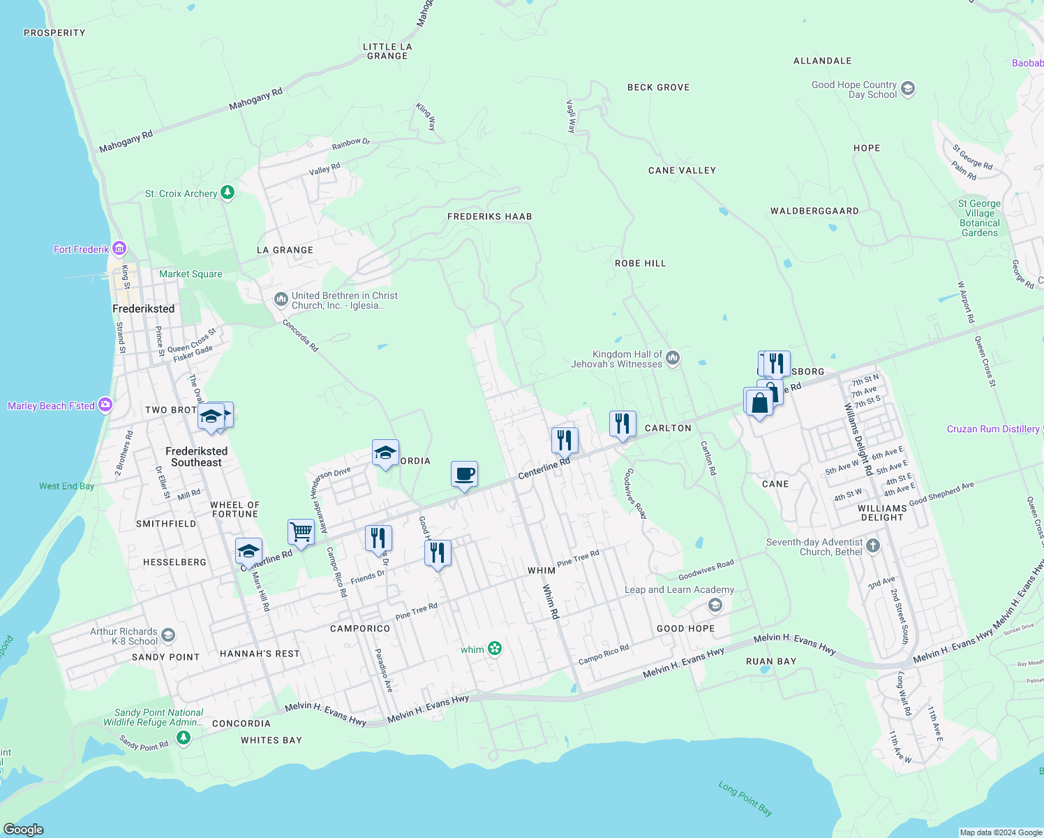 map of restaurants, bars, coffee shops, grocery stores, and more near in Frederiksted Southeast