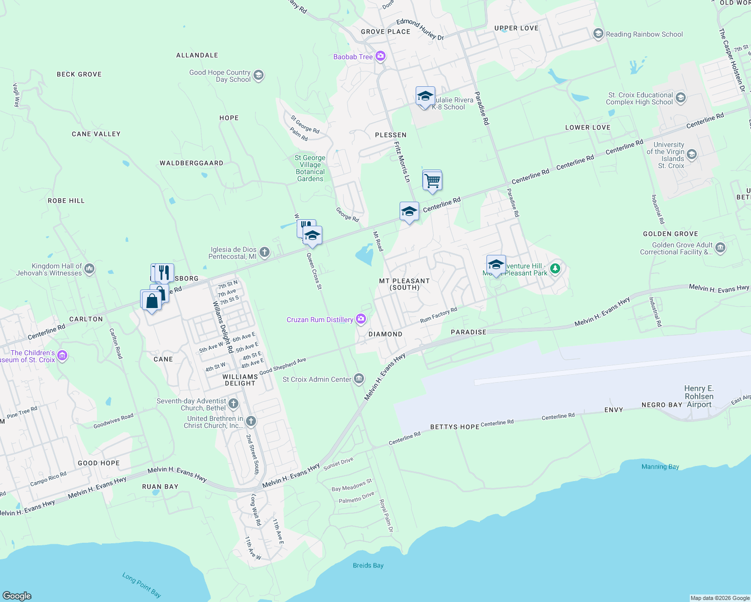 map of restaurants, bars, coffee shops, grocery stores, and more near in Frederiksted Southeast