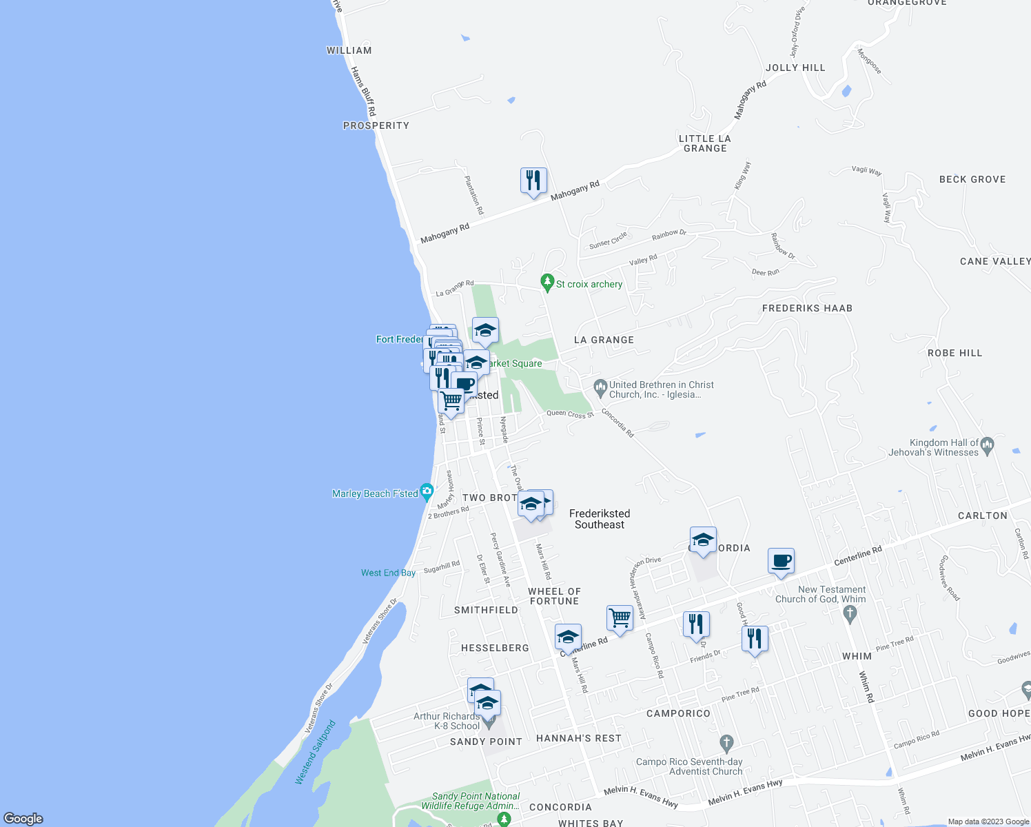 map of restaurants, bars, coffee shops, grocery stores, and more near East Street in Frederiksted