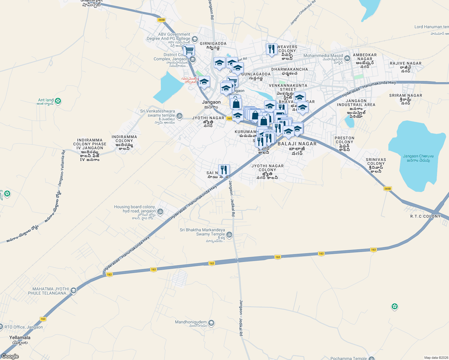 map of restaurants, bars, coffee shops, grocery stores, and more near Hyderabad - Warangal - Bhopalpatnam Highway in Jangaon