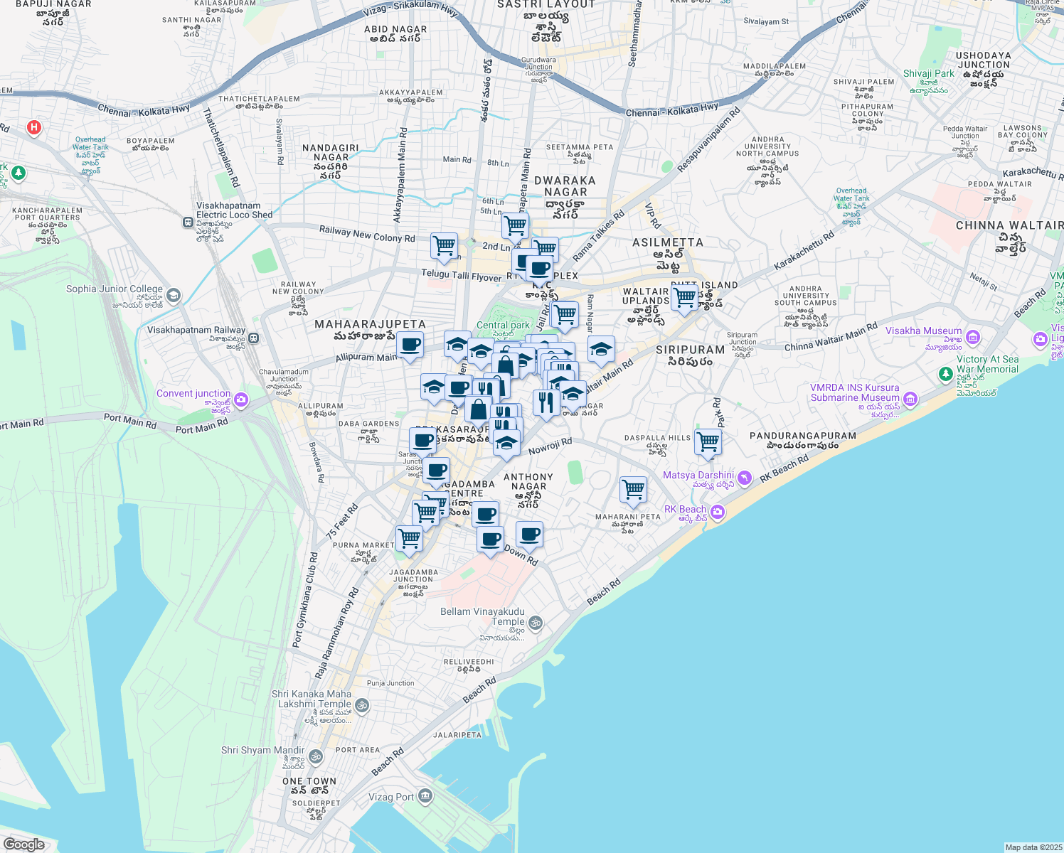 map of restaurants, bars, coffee shops, grocery stores, and more near in Visakhapatnam