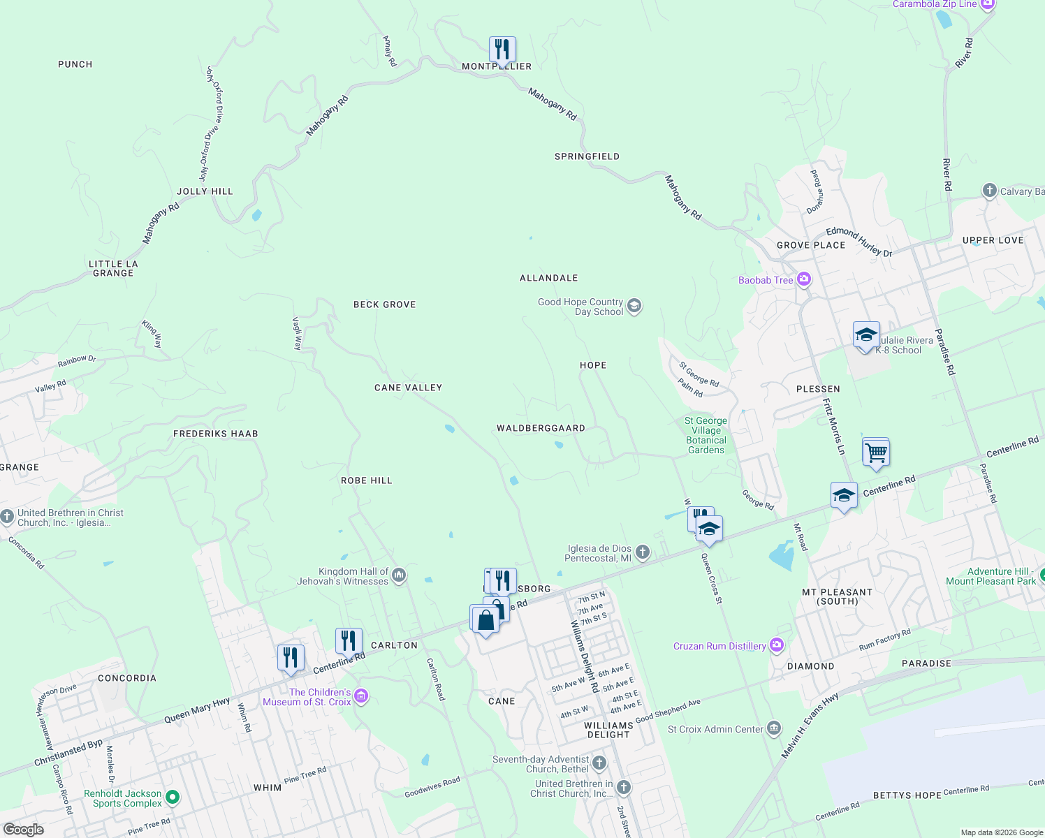 map of restaurants, bars, coffee shops, grocery stores, and more near Unnamed Road in Frederiksted
