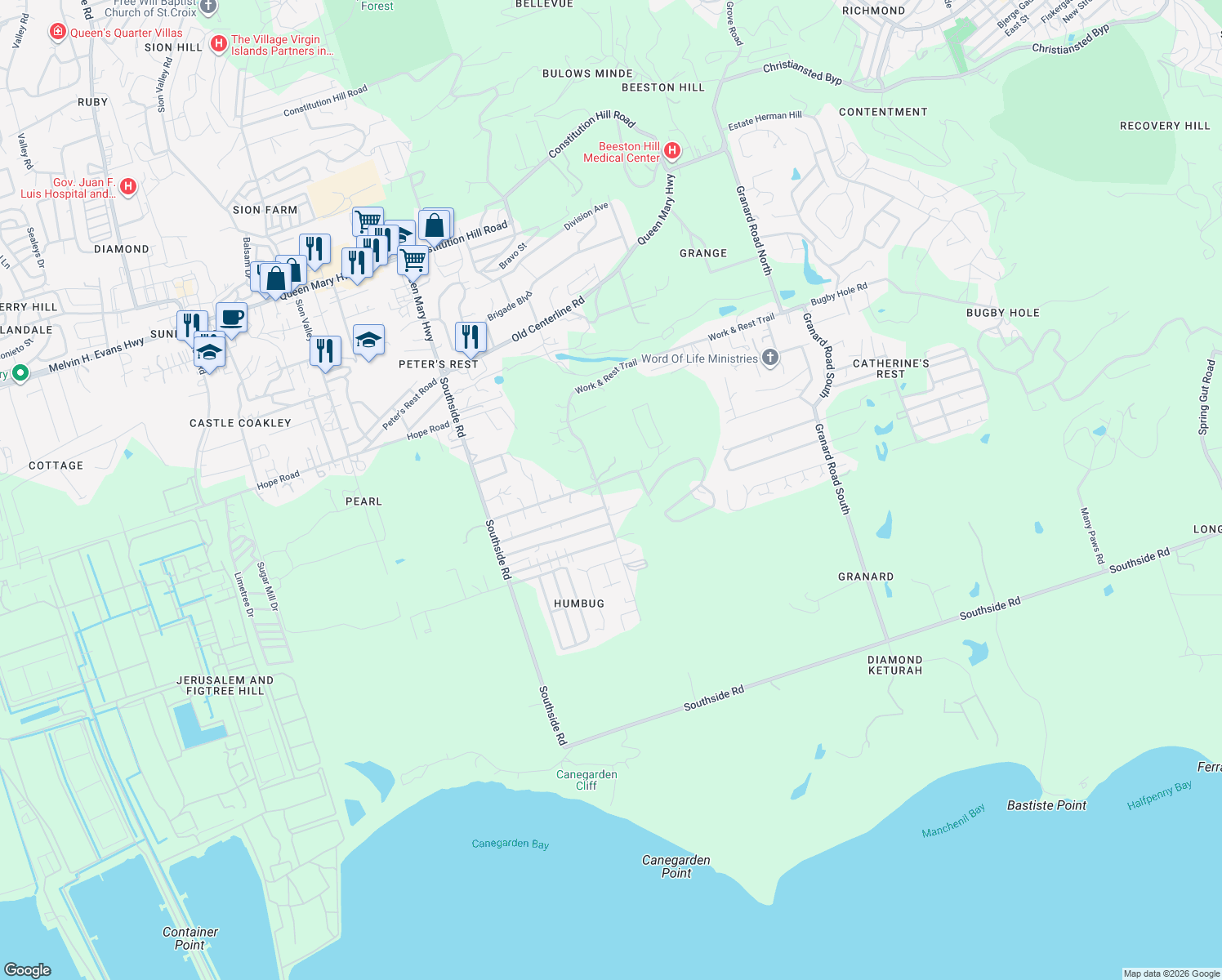 map of restaurants, bars, coffee shops, grocery stores, and more near 10 Work & Rest Trail in Christiansted