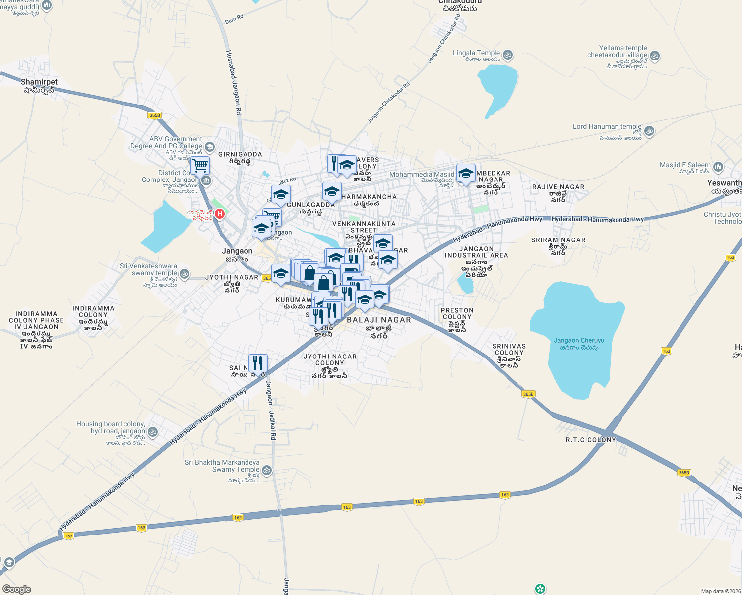 map of restaurants, bars, coffee shops, grocery stores, and more near Hyderabad - Warangal - Bhopalpatnam Highway in Jangaon