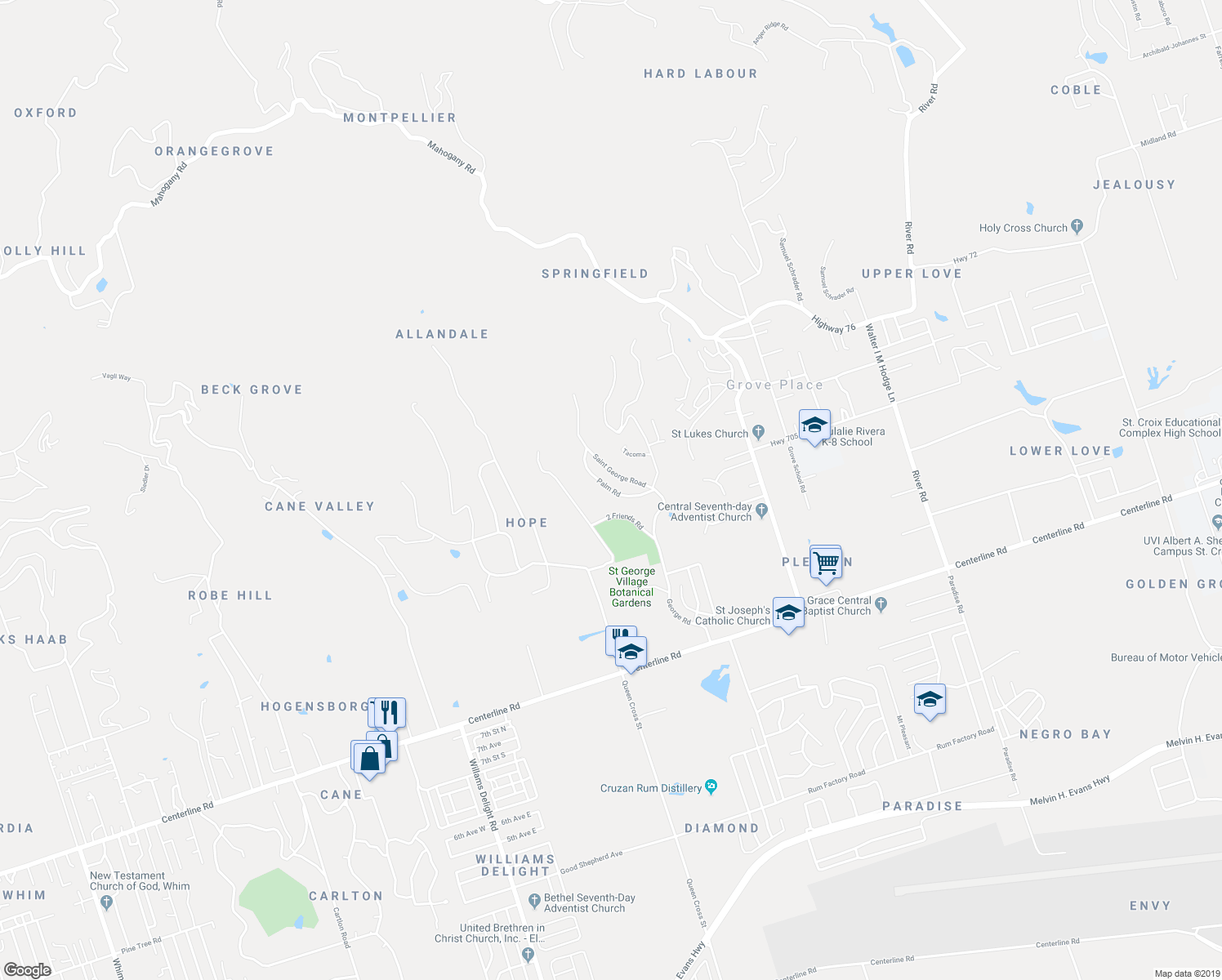 map of restaurants, bars, coffee shops, grocery stores, and more near Palm Road in Frederiksted