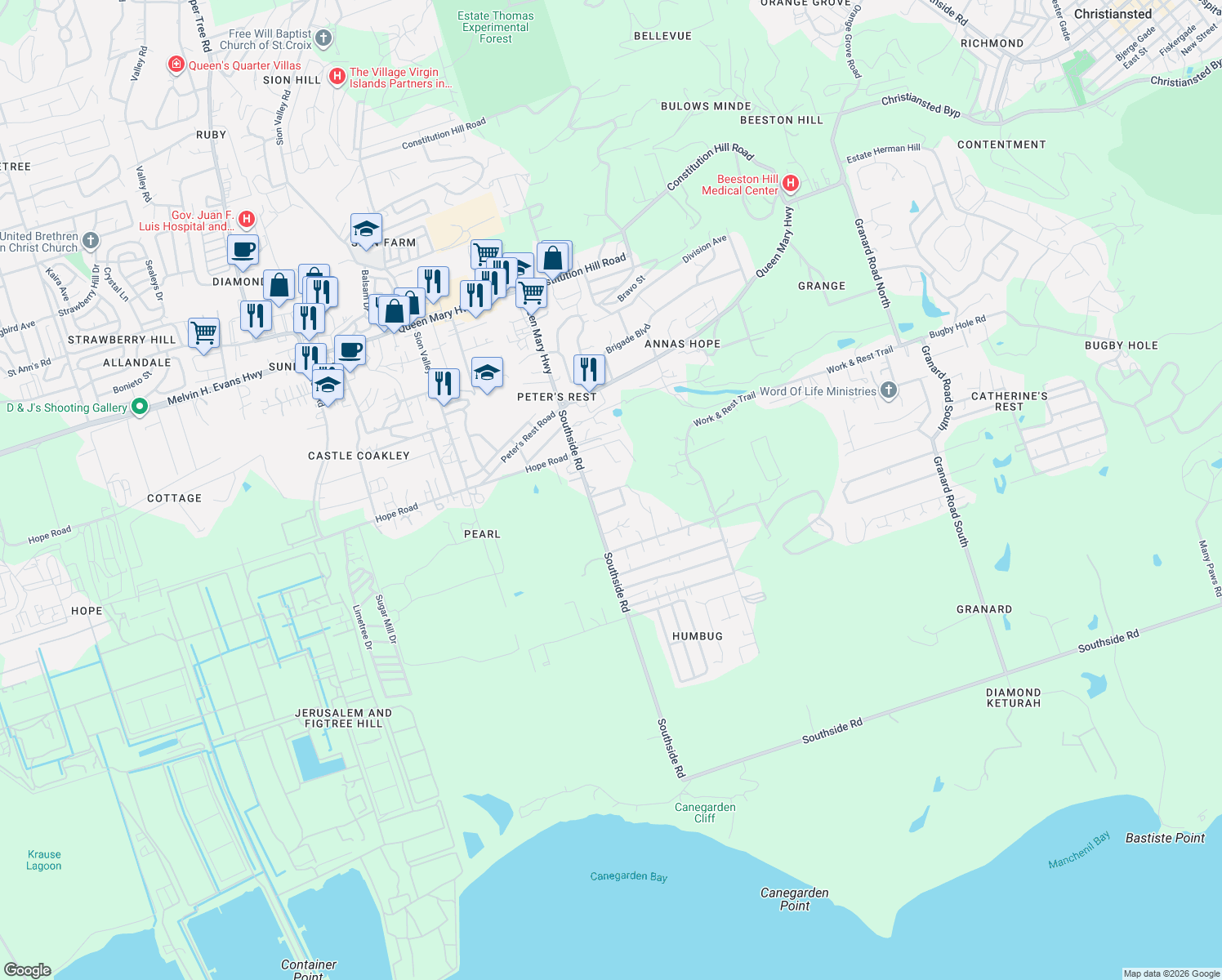 map of restaurants, bars, coffee shops, grocery stores, and more near in Christiansted