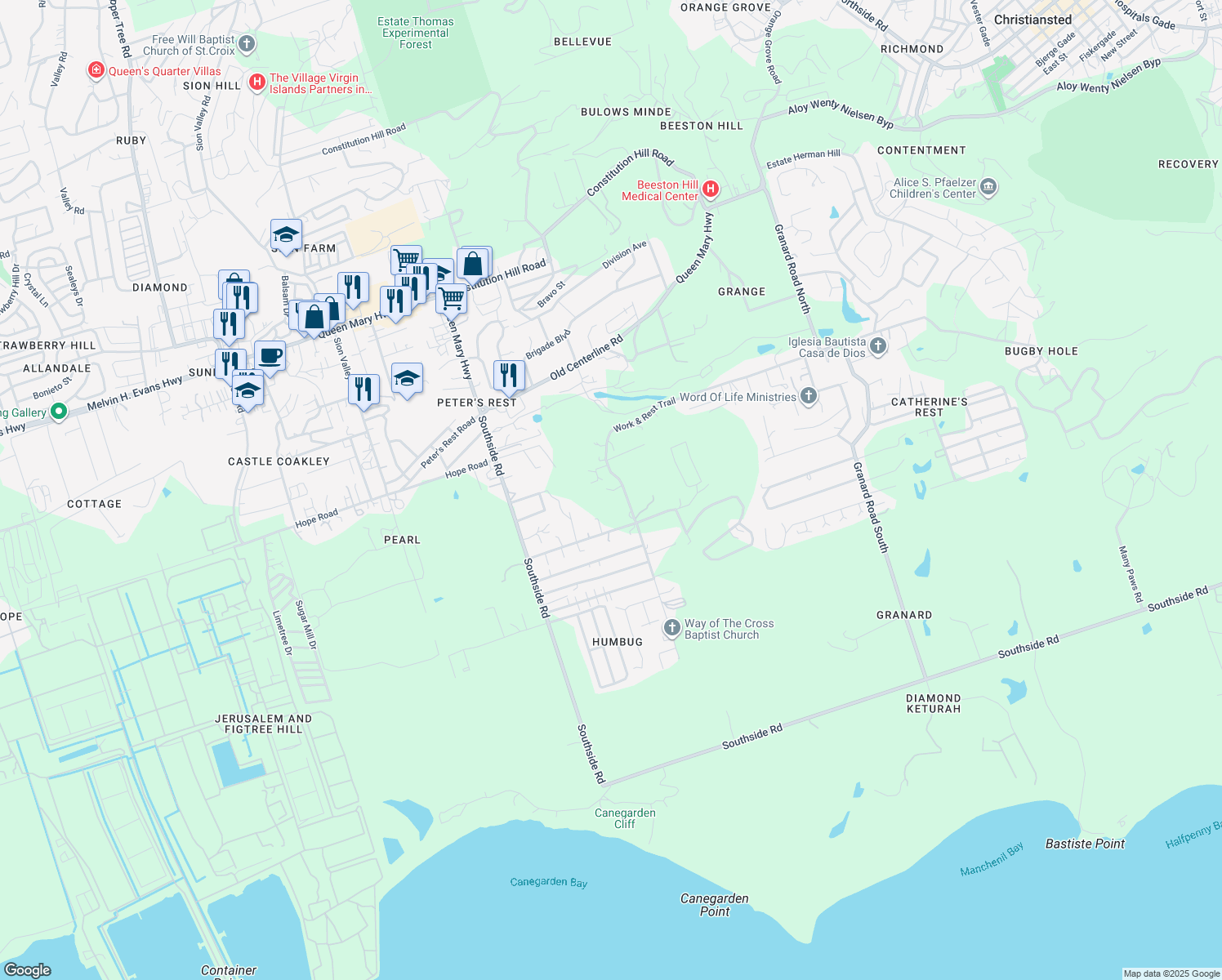 map of restaurants, bars, coffee shops, grocery stores, and more near in Christiansted