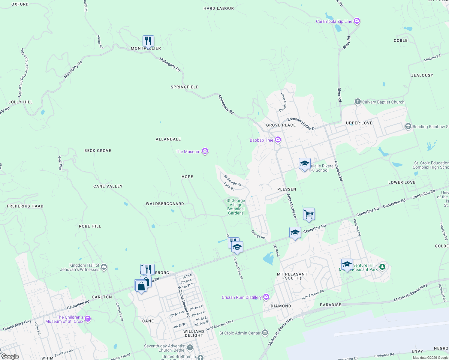 map of restaurants, bars, coffee shops, grocery stores, and more near Saint George Road in Frederiksted
