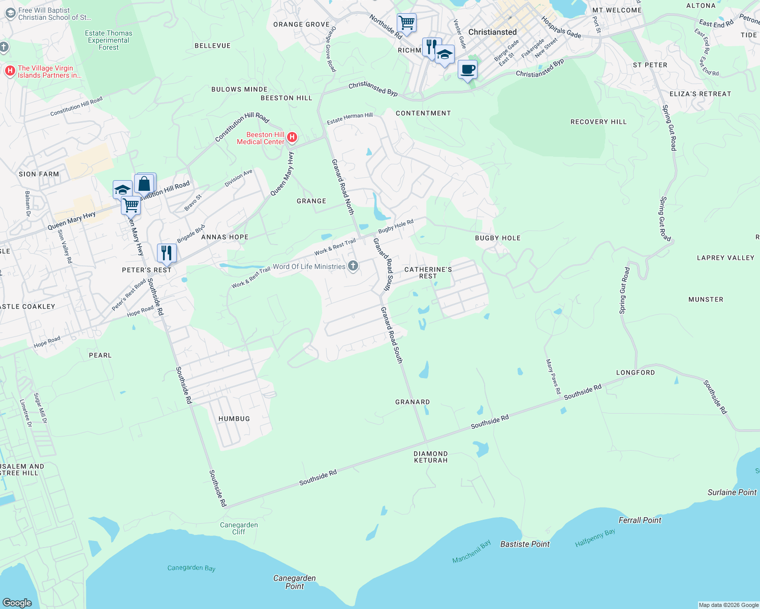 map of restaurants, bars, coffee shops, grocery stores, and more near in Christiansted