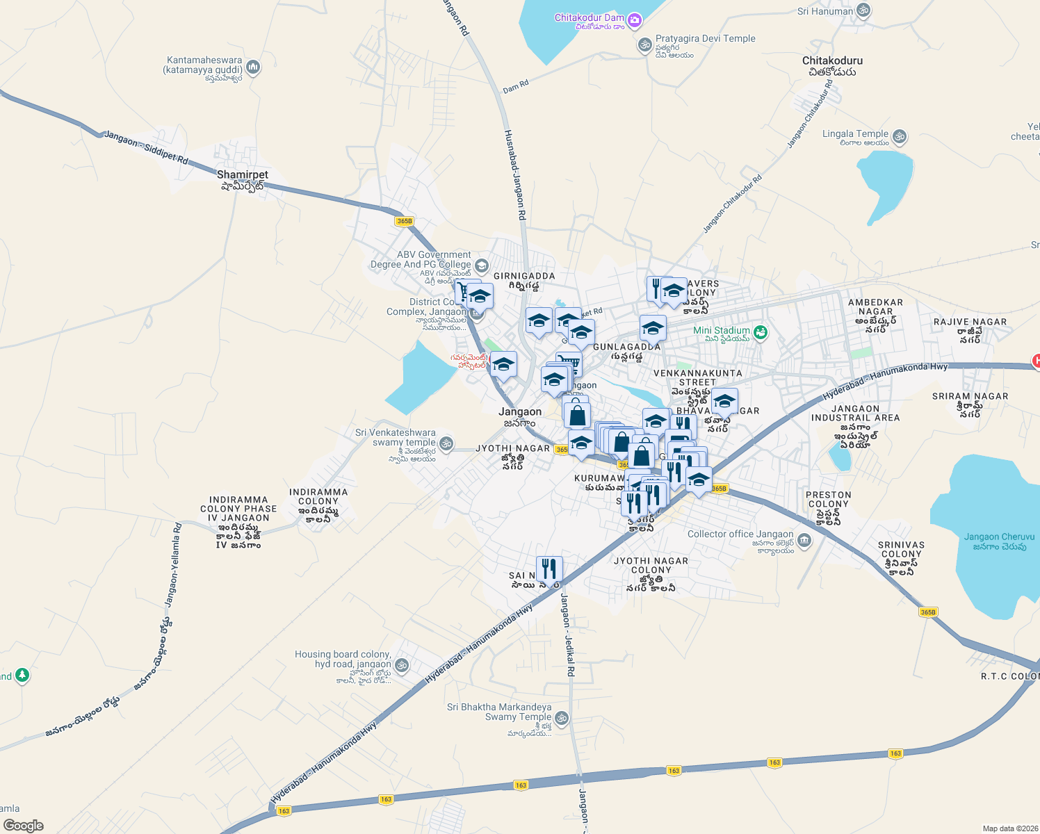 map of restaurants, bars, coffee shops, grocery stores, and more near in Jangaon