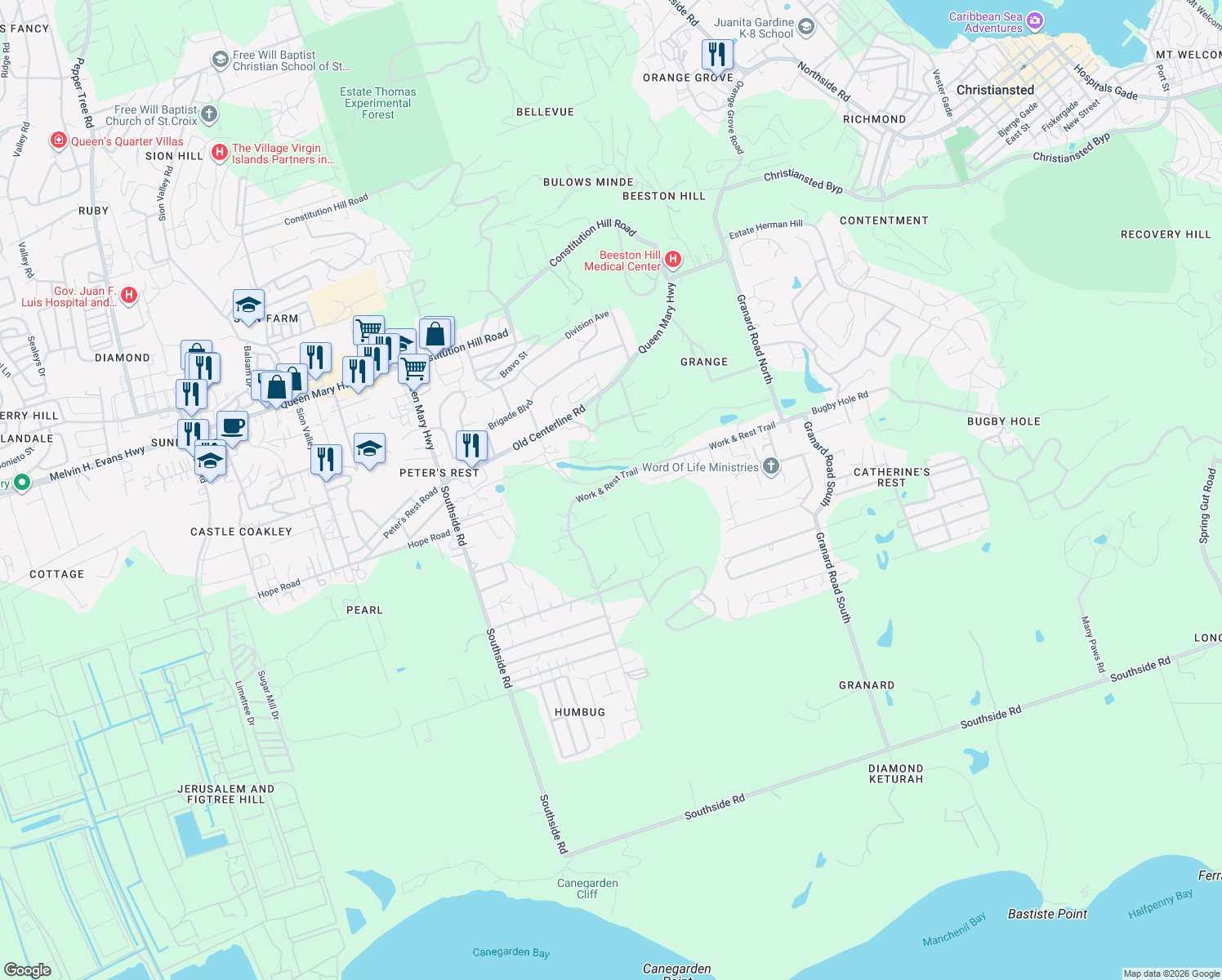 map of restaurants, bars, coffee shops, grocery stores, and more near 93 Route 622 in Christiansted