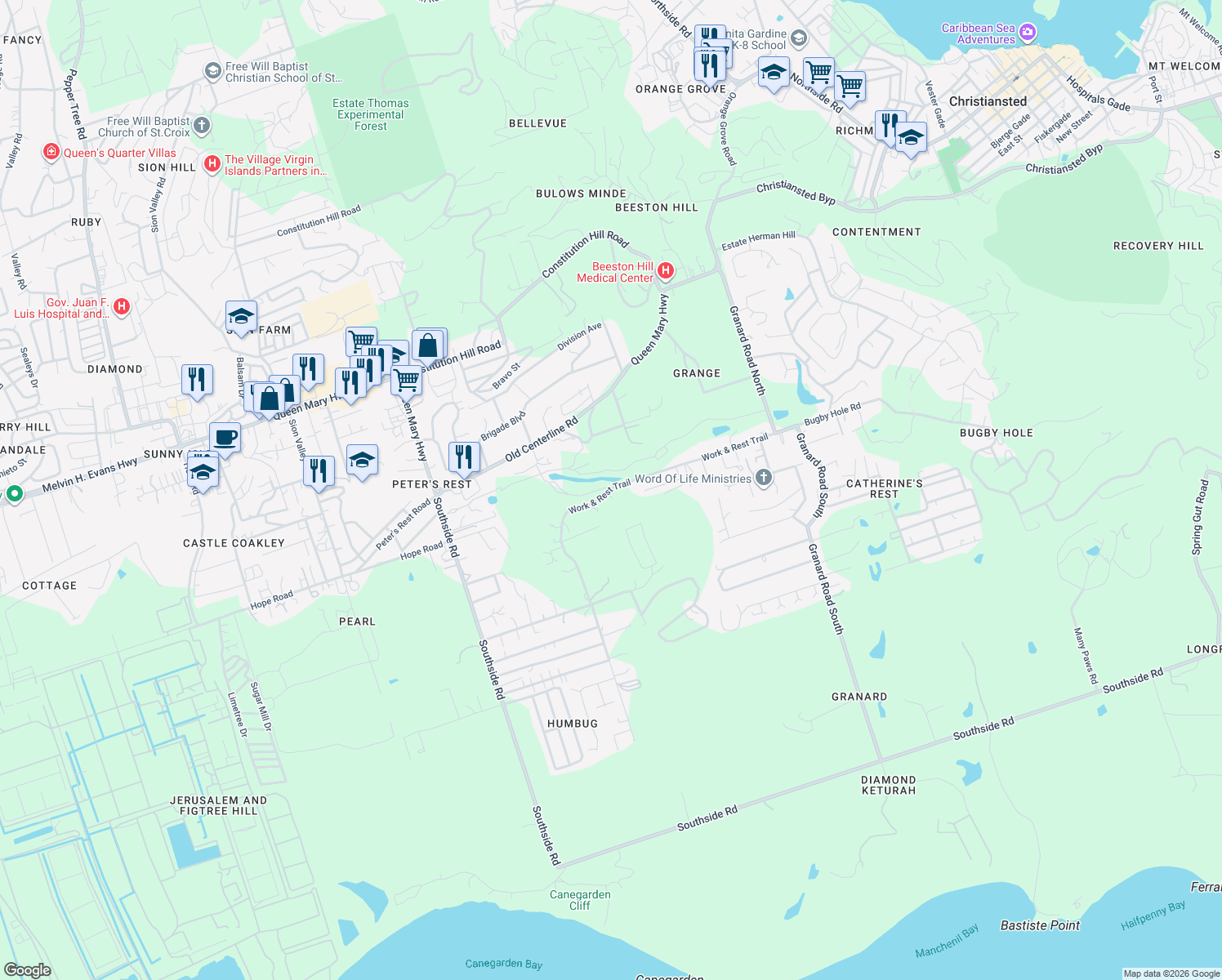 map of restaurants, bars, coffee shops, grocery stores, and more near 93 Route 622 in Christiansted