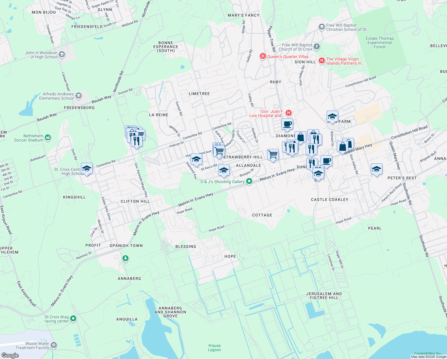 map of restaurants, bars, coffee shops, grocery stores, and more near Dolphin Street in Christiansted