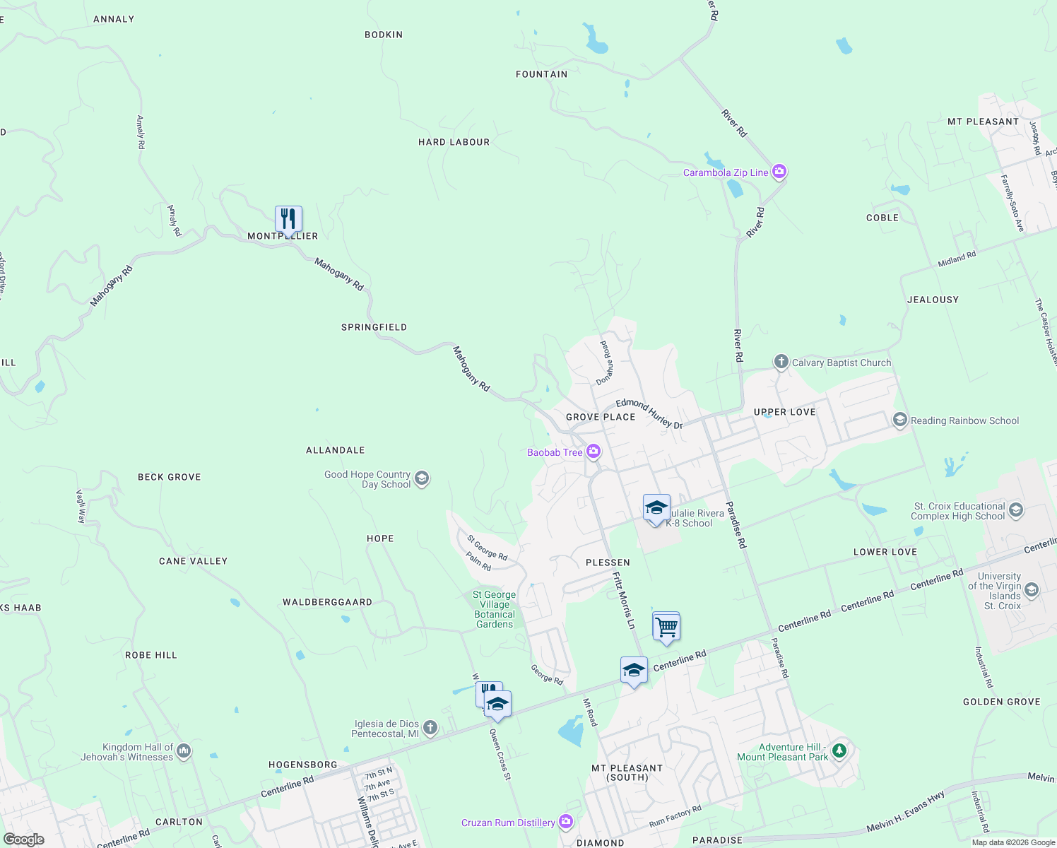 map of restaurants, bars, coffee shops, grocery stores, and more near in Frederiksted Southeast