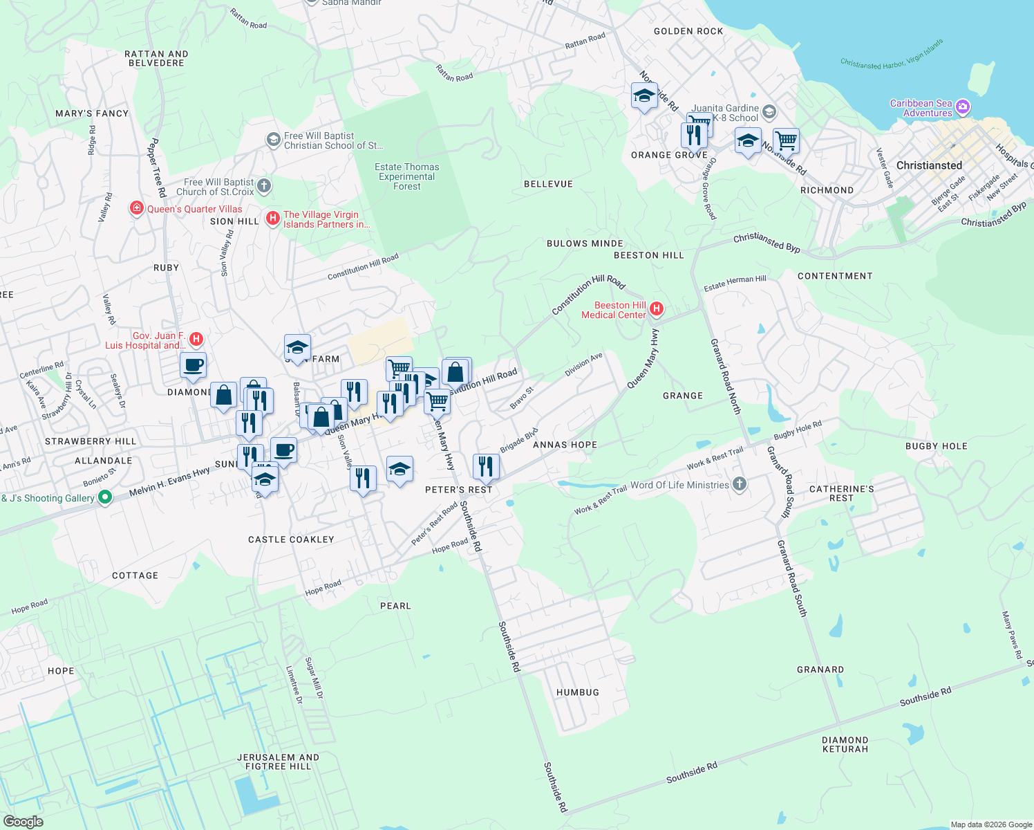 map of restaurants, bars, coffee shops, grocery stores, and more near 37 Division Avenue in Christiansted