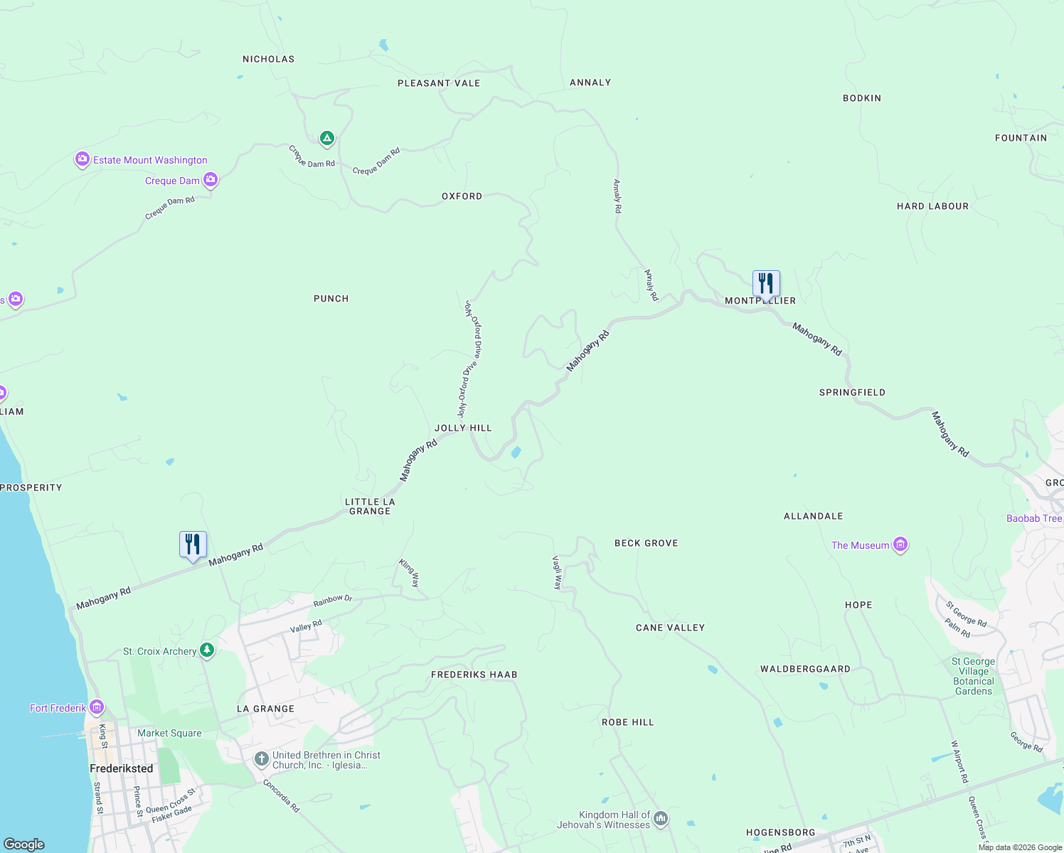 map of restaurants, bars, coffee shops, grocery stores, and more near Highway 76 in Frederiksted