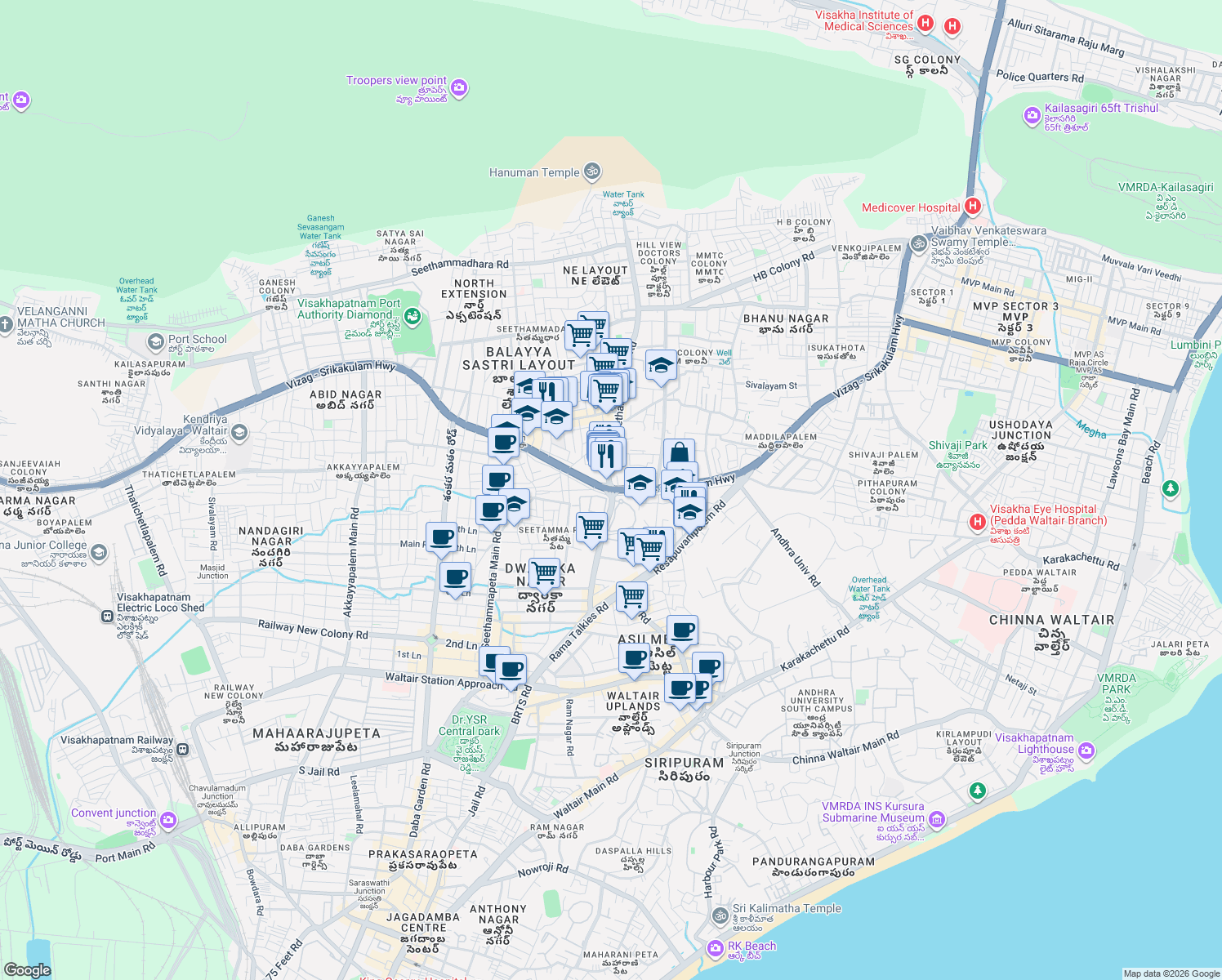 map of restaurants, bars, coffee shops, grocery stores, and more near in Visakhapatnam