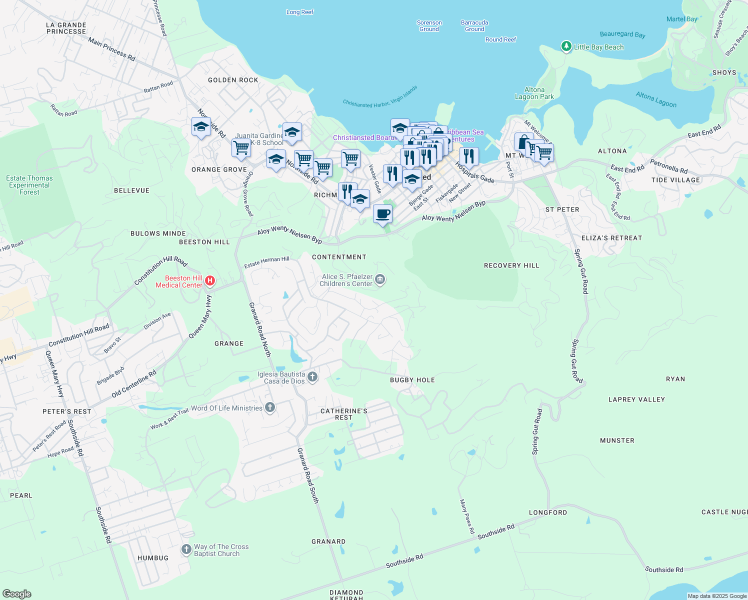 map of restaurants, bars, coffee shops, grocery stores, and more near Unnamed Road in Christiansted