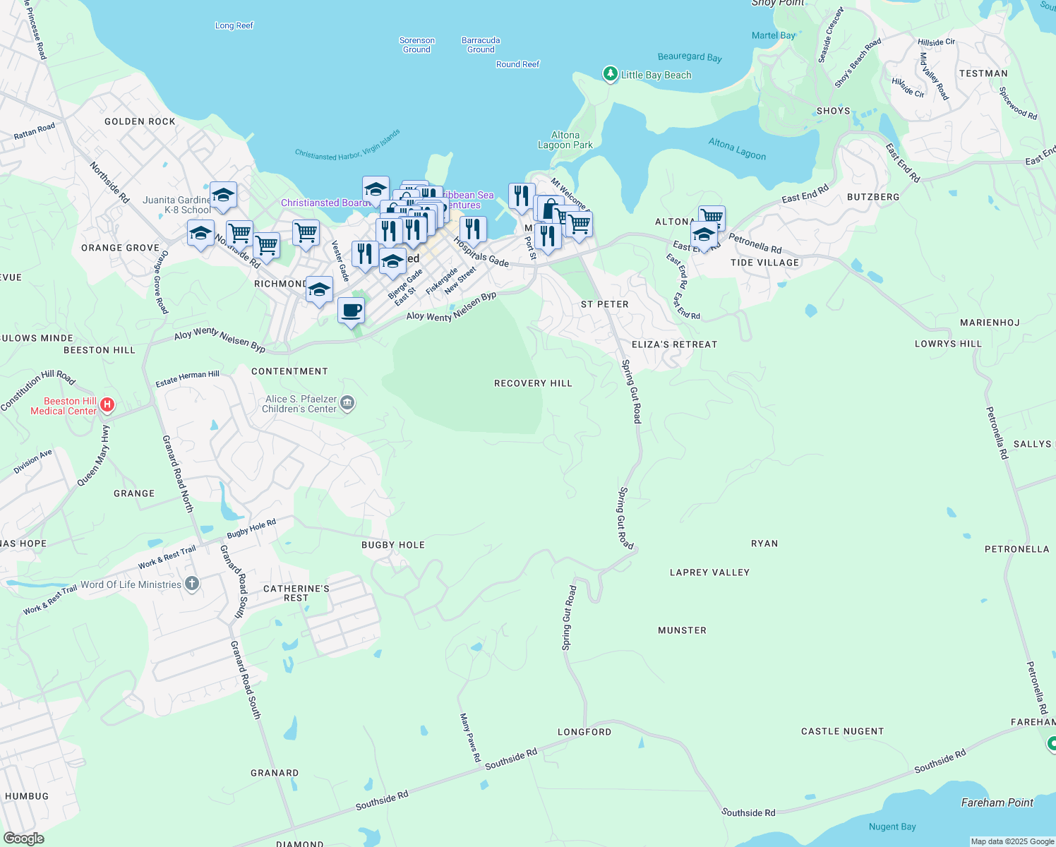 map of restaurants, bars, coffee shops, grocery stores, and more near Unnamed Road in Christiansted