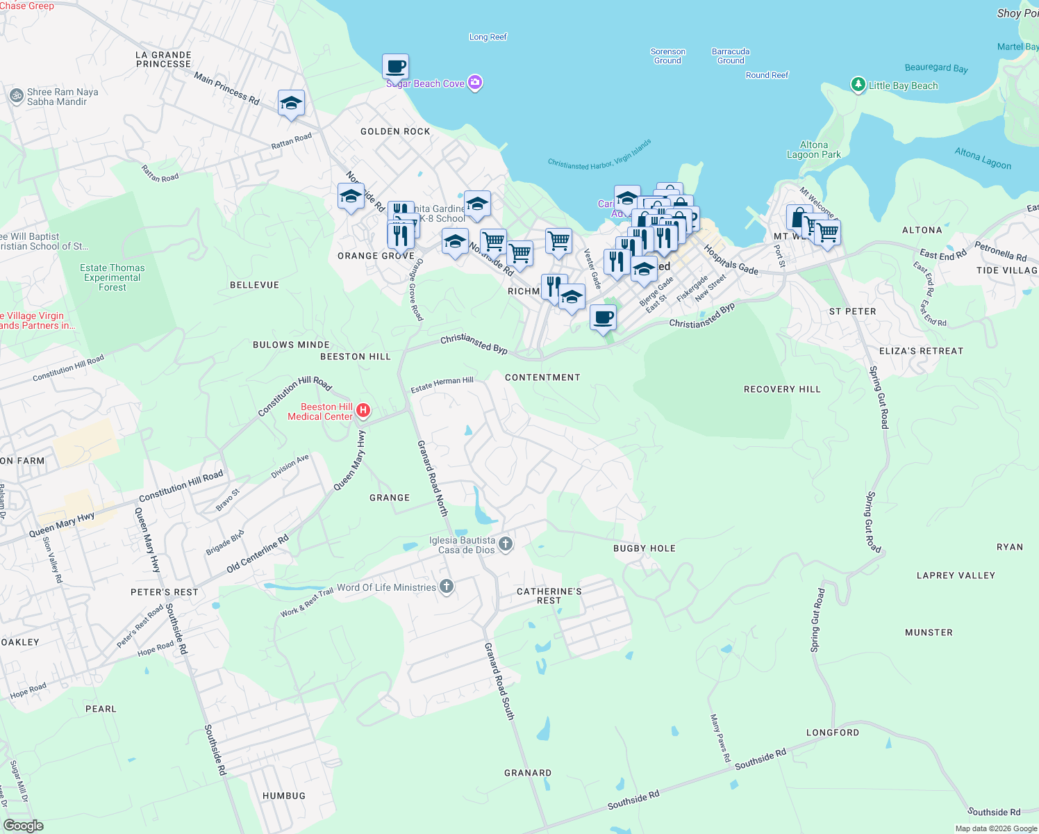 map of restaurants, bars, coffee shops, grocery stores, and more near in St Croix