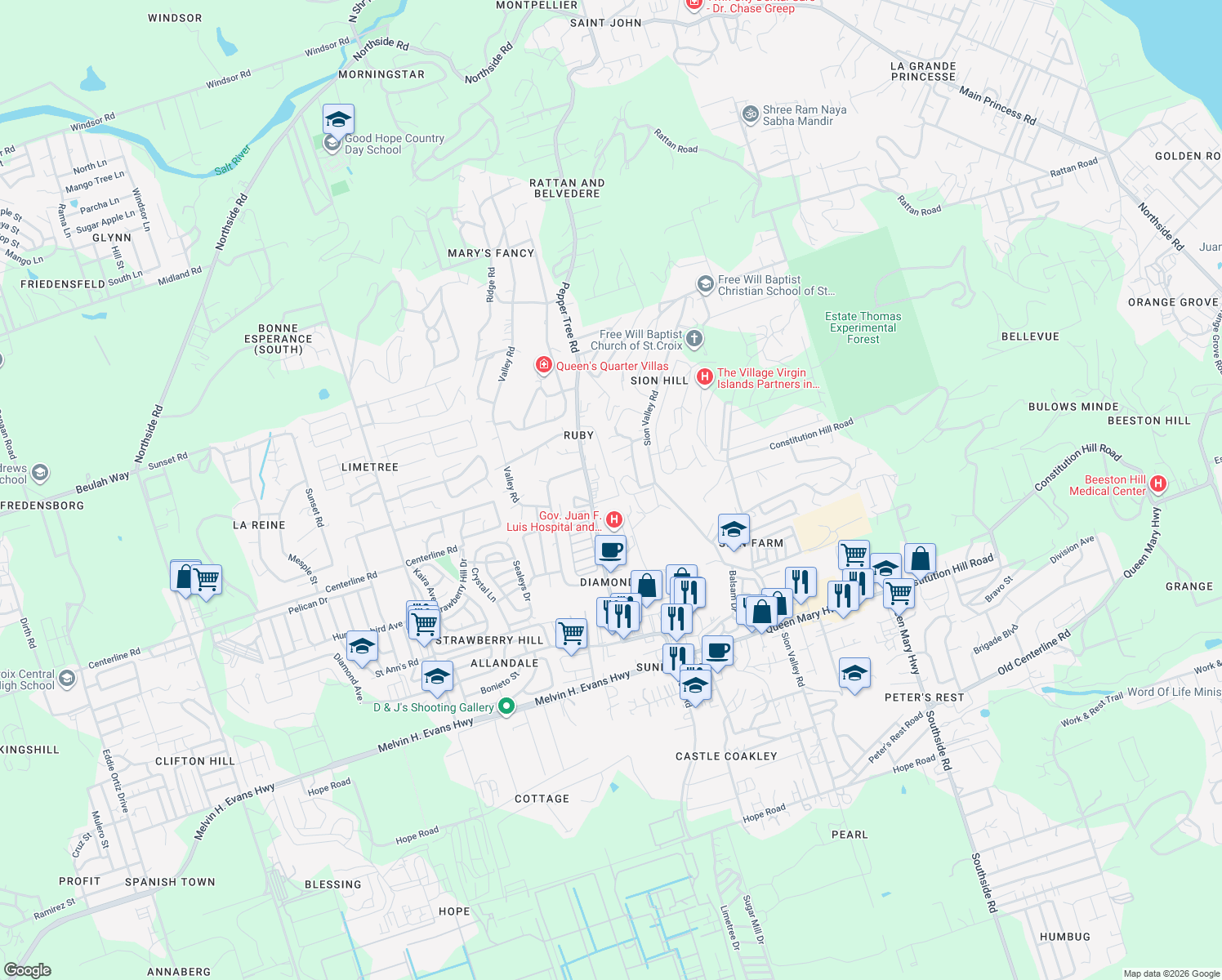 map of restaurants, bars, coffee shops, grocery stores, and more near in Christiansted
