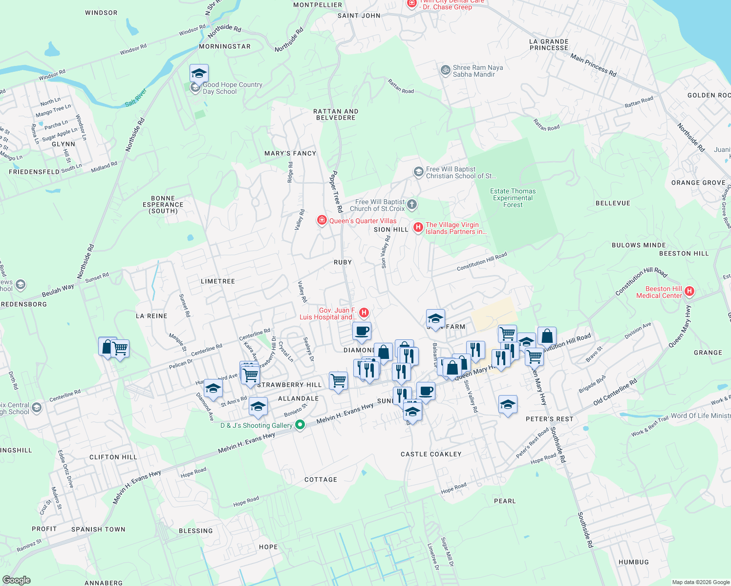map of restaurants, bars, coffee shops, grocery stores, and more near in Christiansted