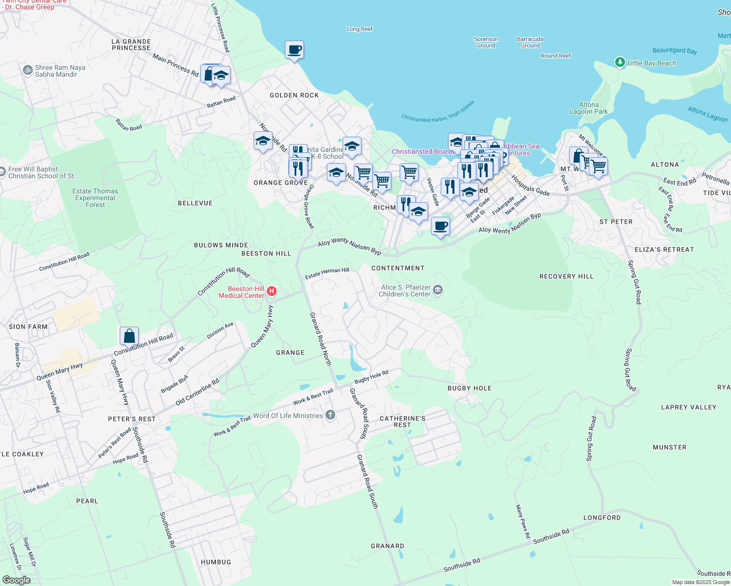 map of restaurants, bars, coffee shops, grocery stores, and more near 183 Estate Herman Hill in Christiansted