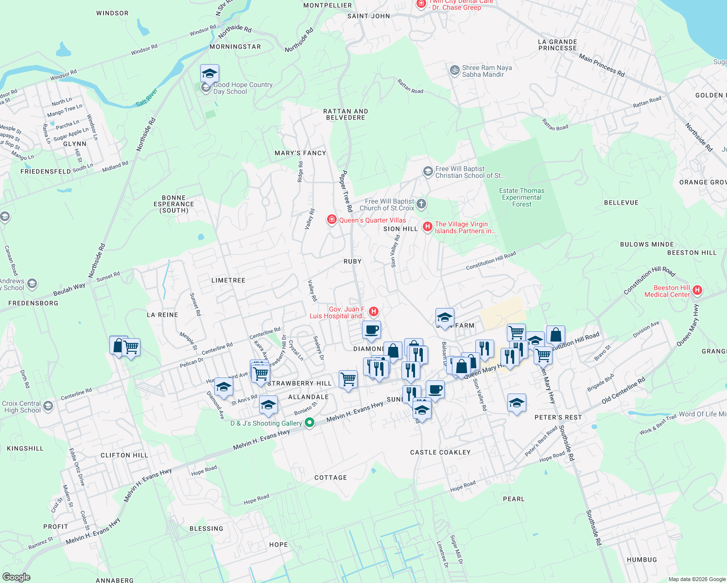 map of restaurants, bars, coffee shops, grocery stores, and more near in Christiansted